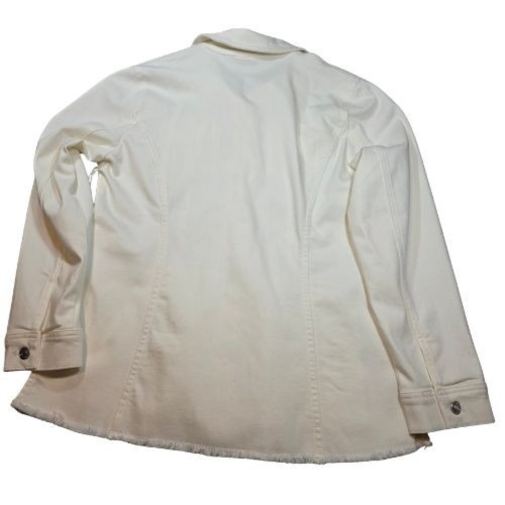 NWT Chico's 1 Medium White Mid-Length Denim Jacket Fray Hem Side Slits Shacket - Picture 2 of 16